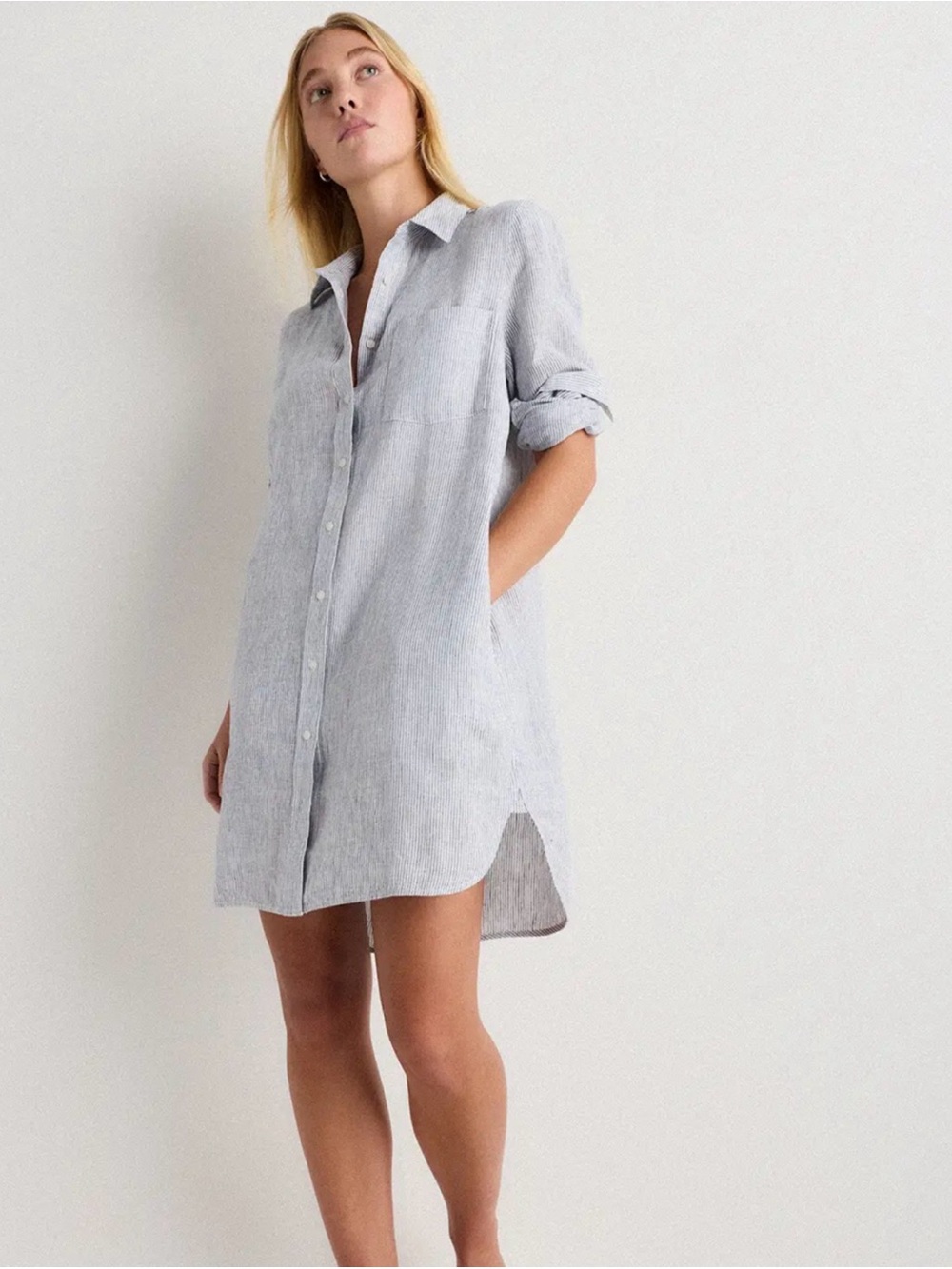 Quince 100% European Linen Shirt Dress size Large NWT blue pinstripe